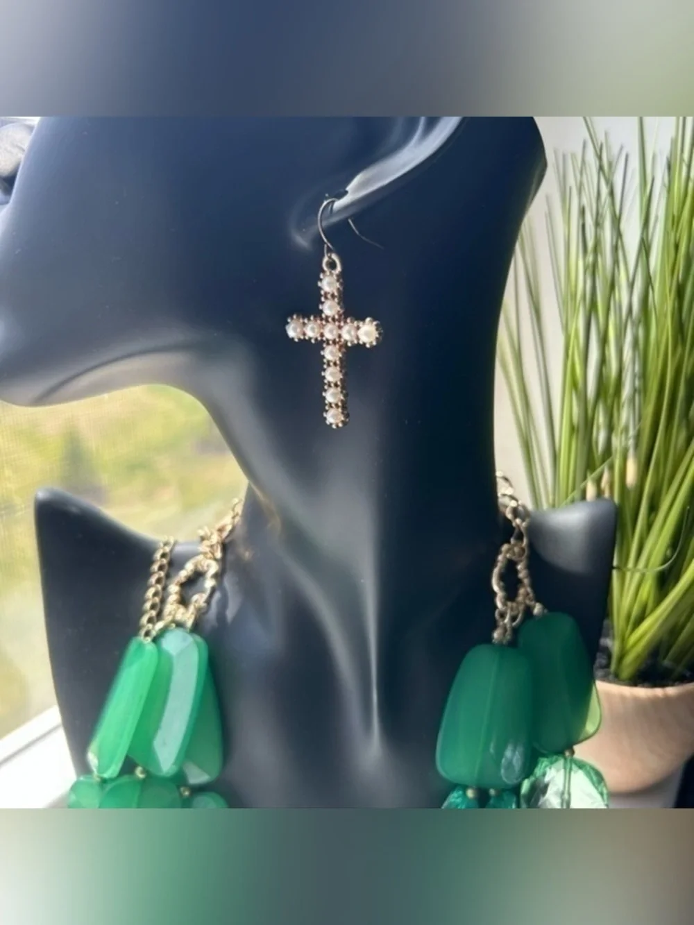 🌸 Green Beaded Statement Earrings with Gold Cross Accent